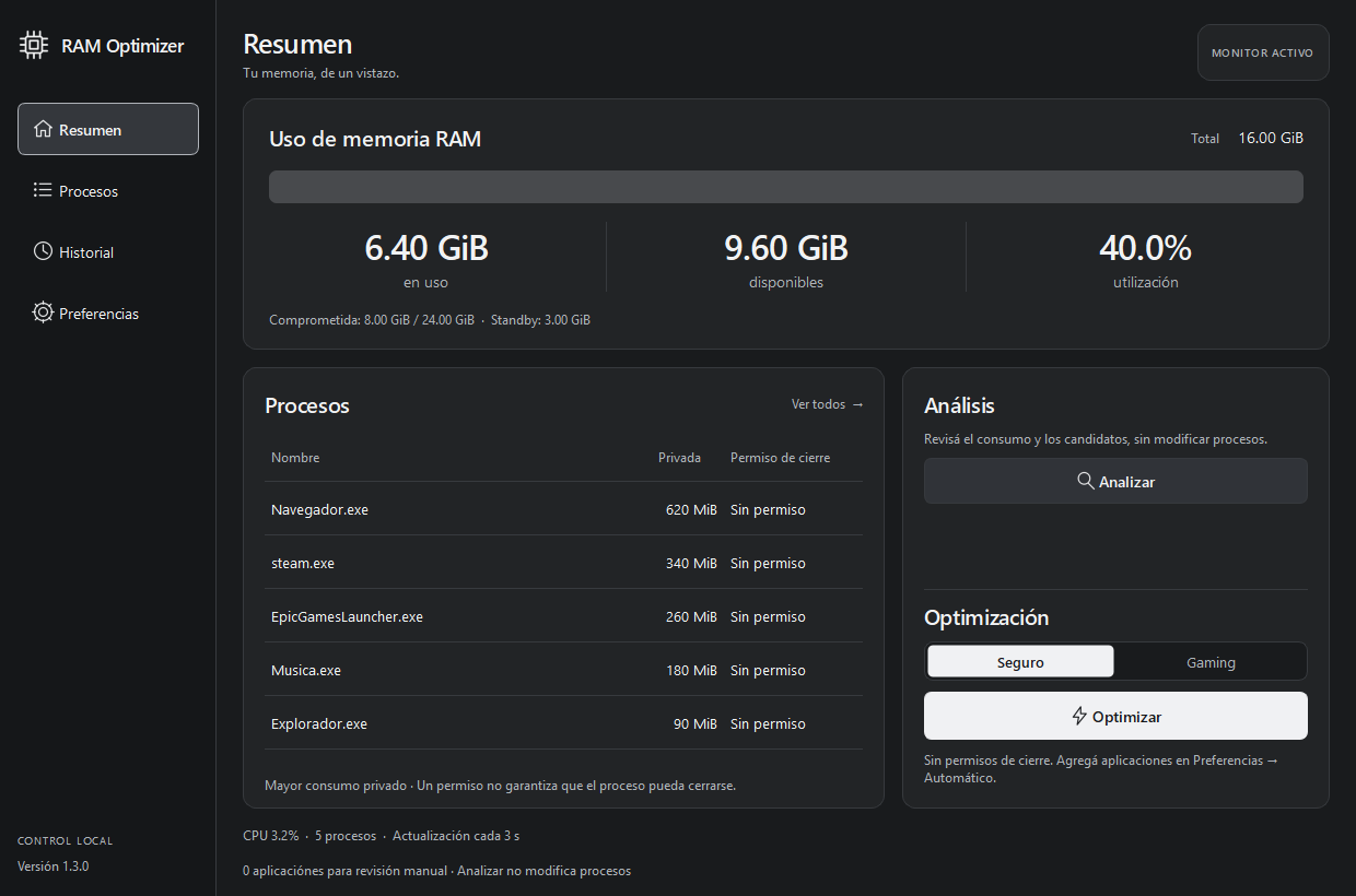 RAM Optimizer con sus botones Analizar y Optimizar y el selector Seguro o Gaming.
